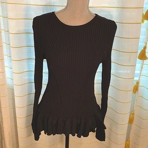 Black Ribbed Long Sleeve Top with Ruffle Bottom and Cuffs